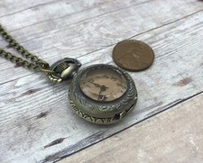 Amber Glass Pocket Watch Necklace Round Watch Pendant Chain & Battery Included