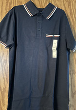 Men s Navy Blue Solid Short Sleeve Collared Polo Shirt, Pocket, Button, M