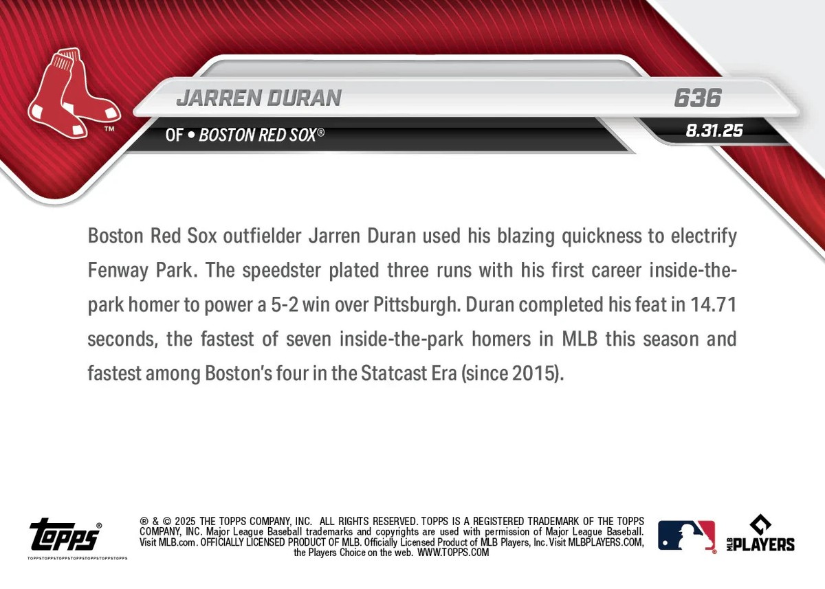 【レッドパラレル】トレイ・ターナー topps now ファーストナンバー HR Jarren Duran 1st Inside-The-Park-HR 2025 MLB Topps NOW Card 636 | eBay