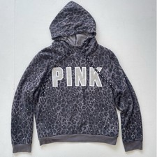 Victoria's Secret PINK Dark Gray Leopard Print Rhinestone Hoodie / Sz XL / Bling
