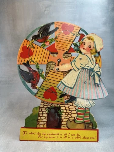 Vtg 30’s Mechanical Stand Up  Valentine Dutch Girl Windmill  Wooden Clogs birds