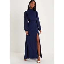 Lulus Graceful Entrance Navy Blue Long Sleeve Backless Maxi Dress Size S