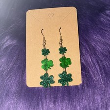 Women  s Green Glittery Clover Earrings. St. Patricks Day, Lucky, Erin, Ireland