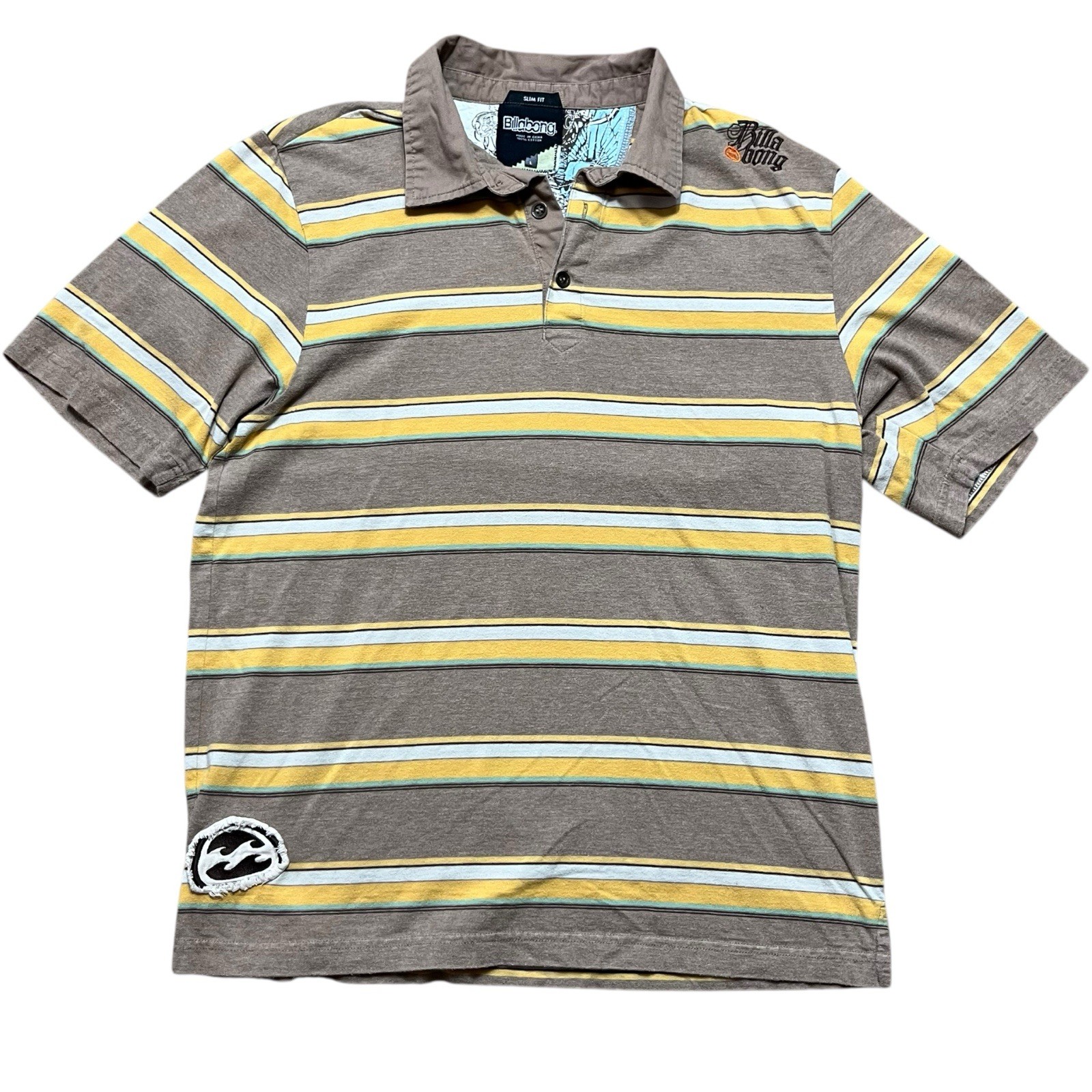 Billabong Polo Shirt Size Large Vintage Y2K Brown Striped Slim Fit Surf Skate