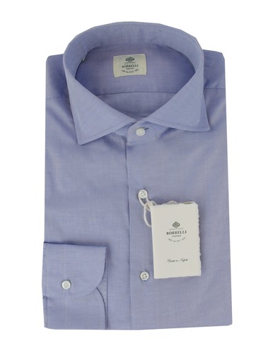$500 Luigi Borrelli Blue Solid Cotton Shirt - Slim - (LB1252510) - Picture 1 of 4