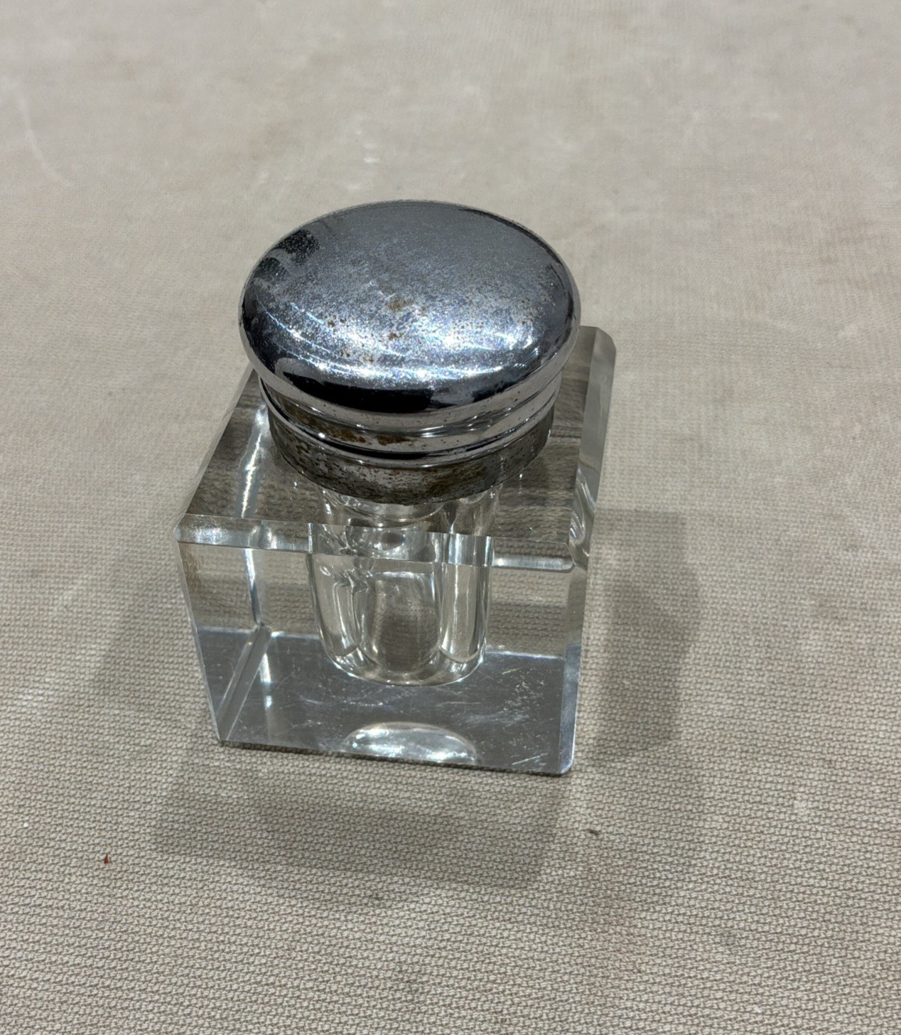 Vintage Glass Cube Inkwell Chrome  Hinged lid 2 3/4” Height X 1 3/4”