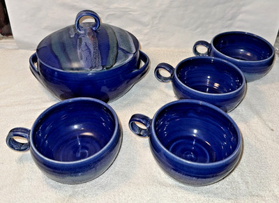 Cathy & David Robinson Soup Tureen & 4 Bowls Weare NH Craftsman Studio Pottery
