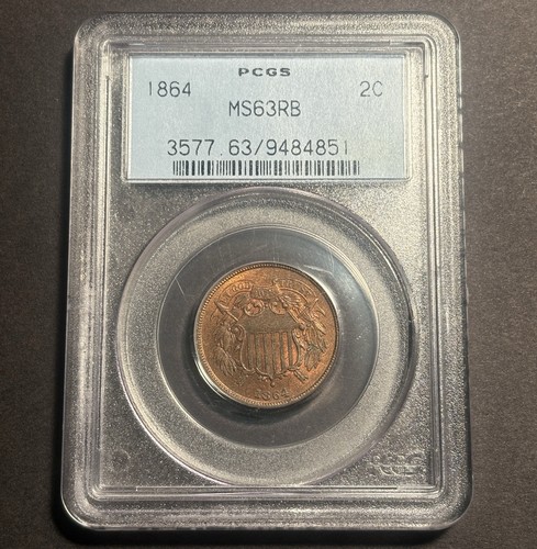 1864 Two Cent Piece — PCGS MS63RB 🔥 Vintage OGH Holder (Faded Label) 