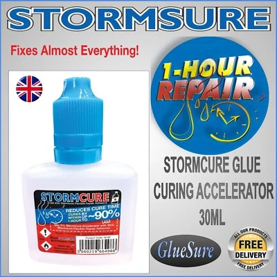 STORMSURE STORMCURE GLUE CURING ACCELERATOR 30ML reduces cure time to 1 hour .