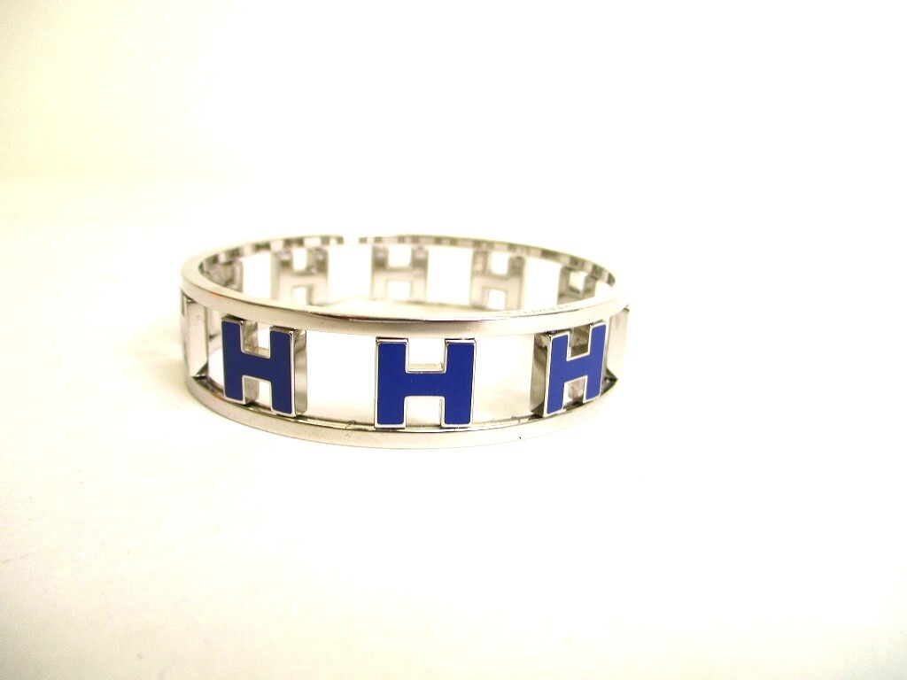エルメスバングル白地×ブルー系柄 Authentic HERMES Silver Plated Blue Bracelet Reversible H