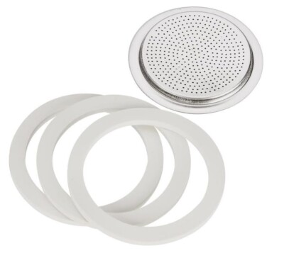 Bialetti Moka Express Pot 6 Cup Replacement Filter and 3 Gaskets Reusable White*