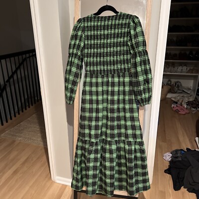 ganni green gingham dress Head Held High V-Neck Balloon Sleeve Dress – Brooch Boutique
