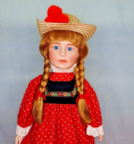 German Redhead Porcelain Doll I Love Tupperware 18" Red Dress & Hat VTG w/Stand - Afbeelding 1 van 12