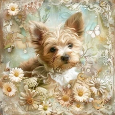 Shabby Chic Yorkie Puppy & Daisies -8x8 Craft Cotton Fabric Block