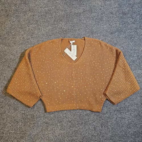 The Sei Sweater Womens P Brown Tan Crystal V Neck Rhinestone 3/4 Sleeve Dressy