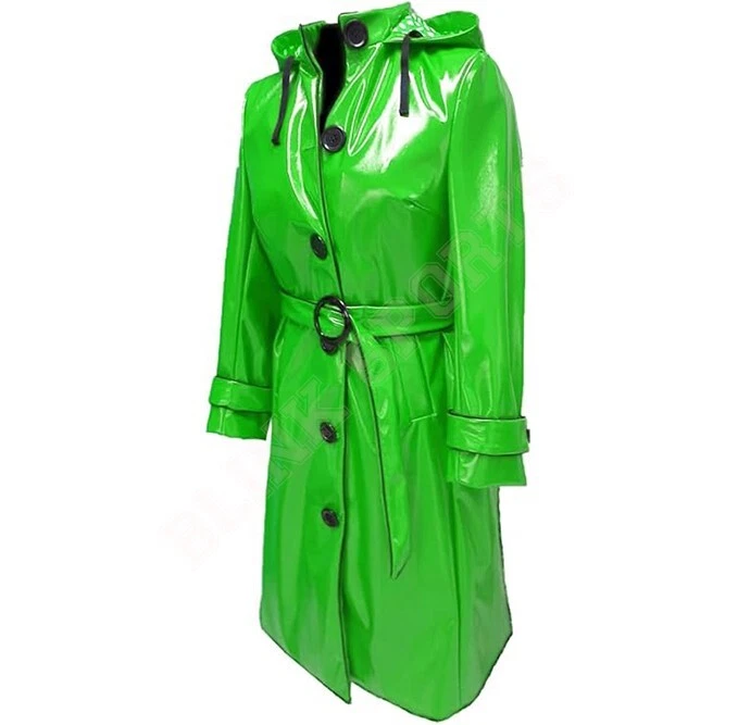 Mujeres PVC Cuero Brillante Capucha Ligero Impermeable Elegante Trench Abrigos Largos Foto 3 de 4