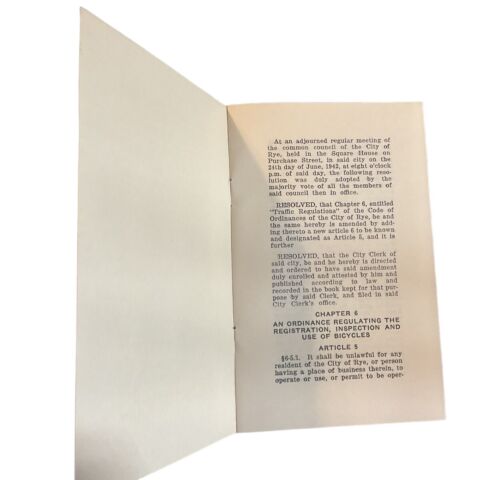 1942 City of Rye New York NY Bicycle Ordinance Registration Inspection Use A1 - Picture 2 of 6