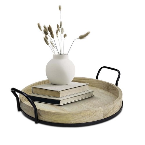Better Homes & Gardens 17-inch Round Light Wood and Metal Tray - Picture 4 of 5