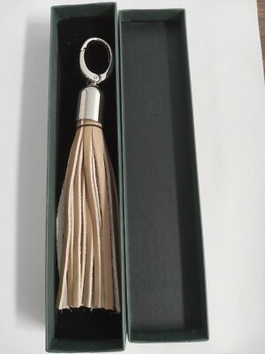 New RARE Marc Cain leather brown tan bag tassel keychain fob 7.5in original box