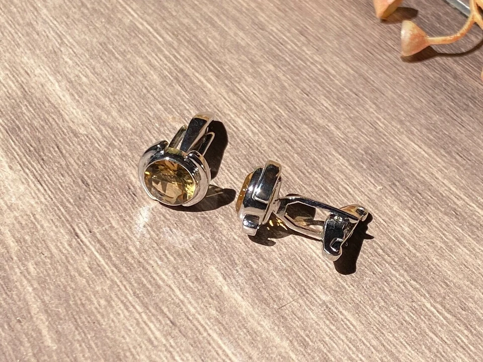 Gemelos de plata de ley 925 con piedras preciosas de topacio dorado natural para regalo de boda Foto 3 de 4