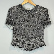 Adrianna Papell Boutique Silk Beaded Top Size Large Gray Slate Blue Art Deco