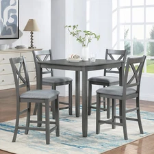 5PCS Dining Table Set Counter Height Kitchen Breakfast Table 4 Linen Chairs Gray