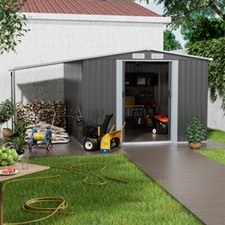 4/5/6/8/10FT Steel Garden Storage Shed Tool House with Side Canopy & 2 Air Vents