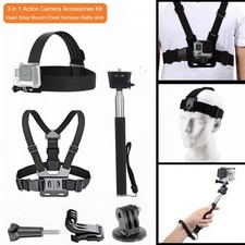 3 in 1 Action Camera Accessories Kit,Head Strap Mount Chest Harness Selfie stick