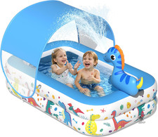 Dinosaur Kiddie Pool with Canopy and Sprinkler, Inflatable Baby Pool with Soft C