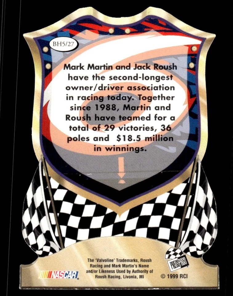 1999 Press Pass Badge of Honor Die Cut Mark Martin  #BH5 - Image 2 of 2