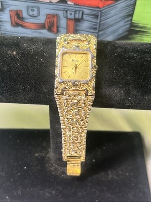 Vintage Risa Quartz Watch Women Gold Nugget Tone Japan Analog Free Ship