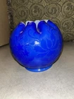 NEW LOW PRICE!!  Fenton Art Glass Sample Sand Carved Blue Overlay Rose Bowl