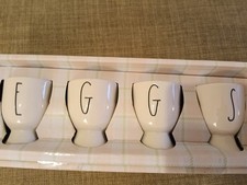 4 Rae Dunn by Magenta White Egg Cups Stands w/ letters " E G G S " 2.5” Tall