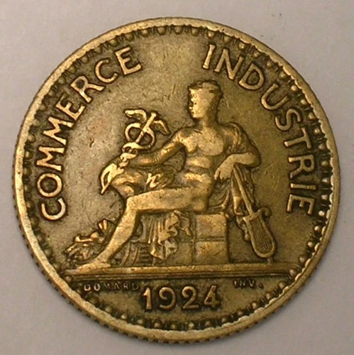 1924 France French One 1 Franc Chamber of Commerce Coin VF+