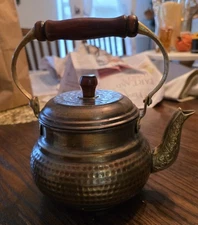 Vintage Hand Hammered Copper Tea Kettle With Brass Handle And Spout