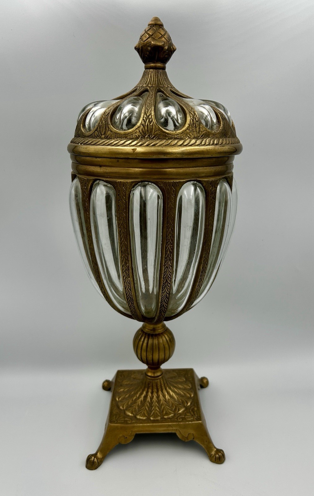 Vintage Hand Blown Bubble Glass Brass Lidded Apothecary Baroque Jar