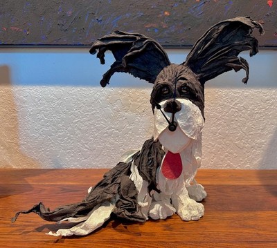 UNUSUALLY LARGE ANN JOHNSON (FB FOGG) PAPER MACHE PAPILLON DOG SCULPTURAL CLOCK