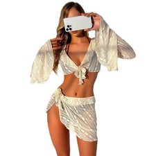 Womens Split Swimsuit Set Four-Pieces Strappy Swimming Suit High Cut Beachwear