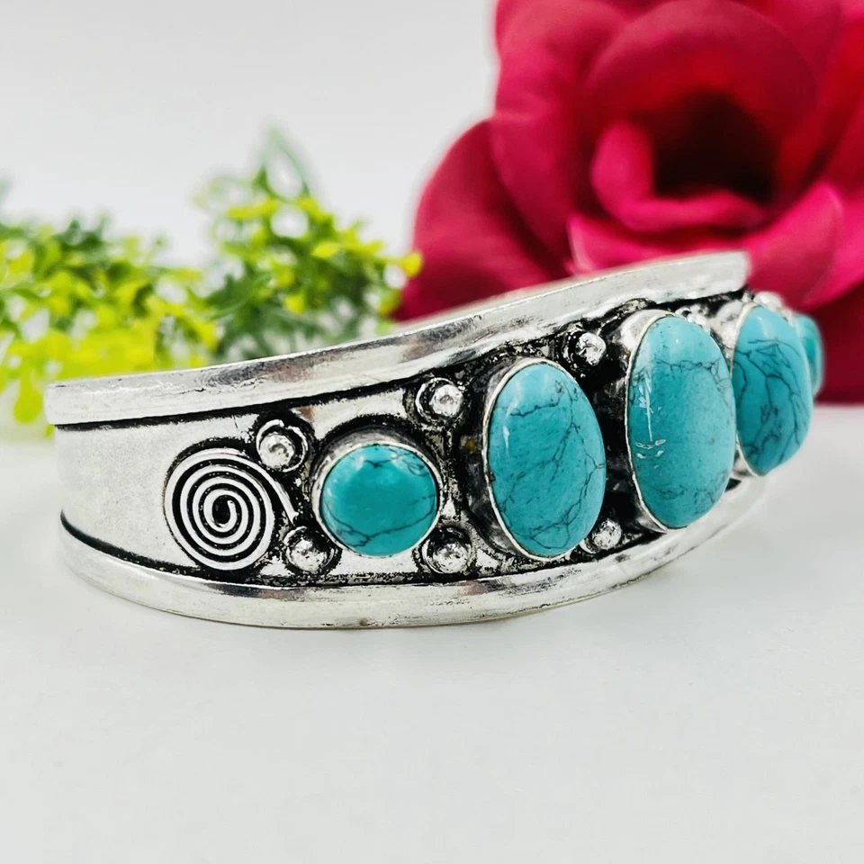 925 Sterling Silver 5 Oval Turquoise Gemstone Jewelry Handmade Cuff Bracelet - Image 2 of 4