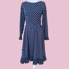 Vintage Victor Costa 70s 80s Navy Polka Dot Fit and Flare Ruffle Hem Dress M/L
