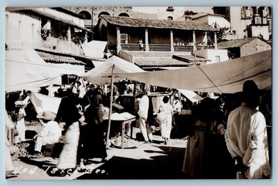 Taxco Guerrero Mexico Postcard Busy Market Scene c1940's Vintage RPPC Photo