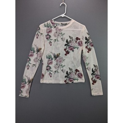SHEIN Mesh Top Floral Rose Print Sheer Long Sleeve Size 8/10 Cream Pink Romantic
