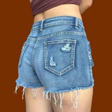 SHEIN Women  s Blue Medium Wash Distressed Cut Off Denim Shorts, Size M