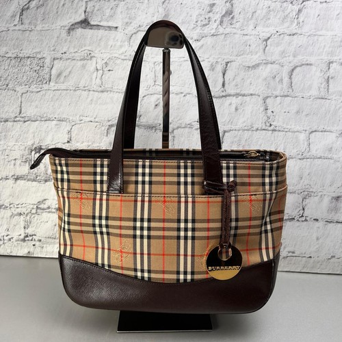 Burberry Check Canvas Handbag Beige Authentic Women's Tote Bag Excellent Condit