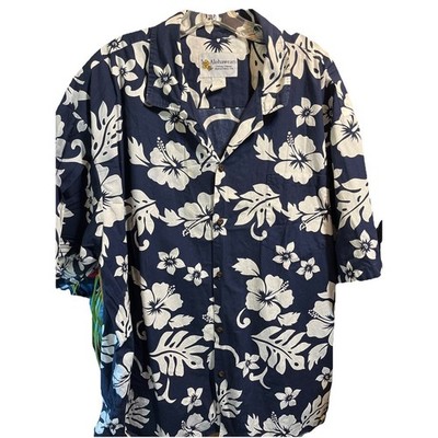 AlohaWears VTG Shirt Men 3XL Short Sleeve Button Navy White Floral Hawaiian USA