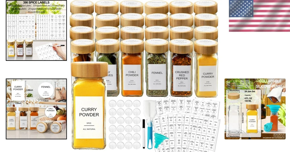 Juego completo de organización de especias: 24 frascos de vidrio con etiquetas y embudo de silicona Foto 2 de 4