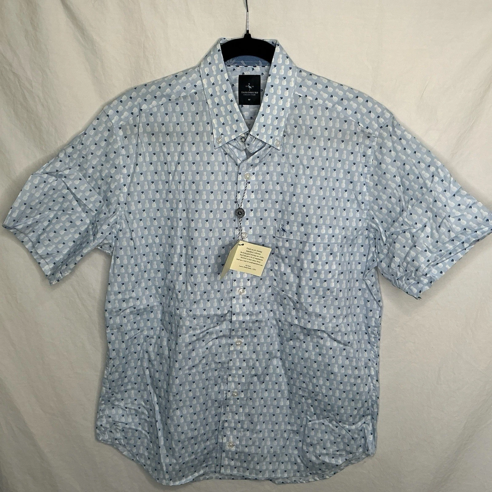 NWT Tailorbyrd Pineapple Print Button Up Shirt Blue Men's M Preppy Short Sleeve