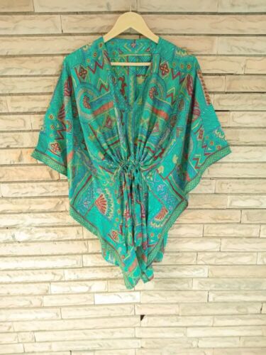 Pure Silk Short Kaftan Women Top Tunic Caftan Girls Robes Green KFNS1291