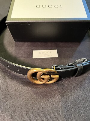 GG Black Leather Belt with Antiqued Gold Double G Buckle Wide Black Leather Women main image 3
