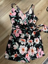 Express Floral Wrap Front Floral Romper / Pink, Black, Neon Orange XS